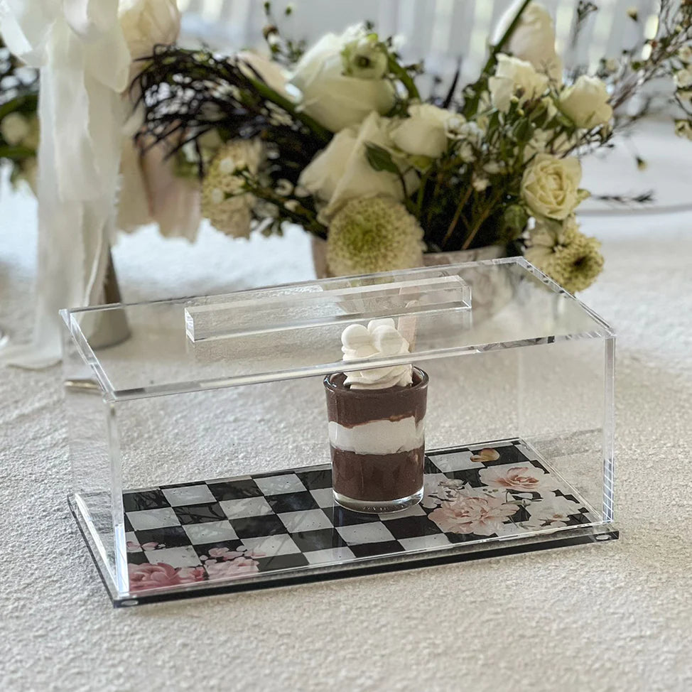 Lucite Black Chic Checkered Cake Tray with Lid